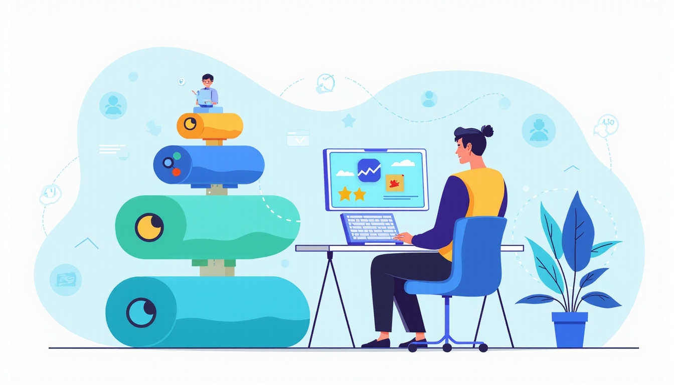 Modern marketer at desk guiding loyal audience through funnel, illustrated icons, vibrant blue and teal palette
