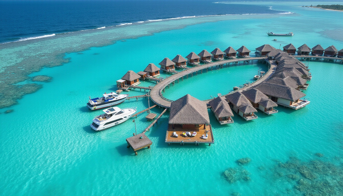  Aerial panorama of secluded turquoise lagoon, wooden stilt villas linked by curving jetty, luxury boats