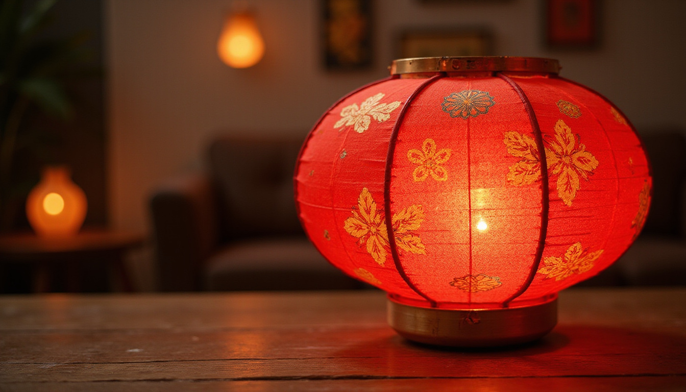 Elegant red silk lantern on wooden table, Feng Shui symbols, warm energizing glow