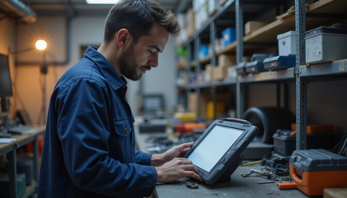  Technician troubleshooting J7325 scanner, tablet diagnostics open, toolbox, studio lighting, calm efficient mood