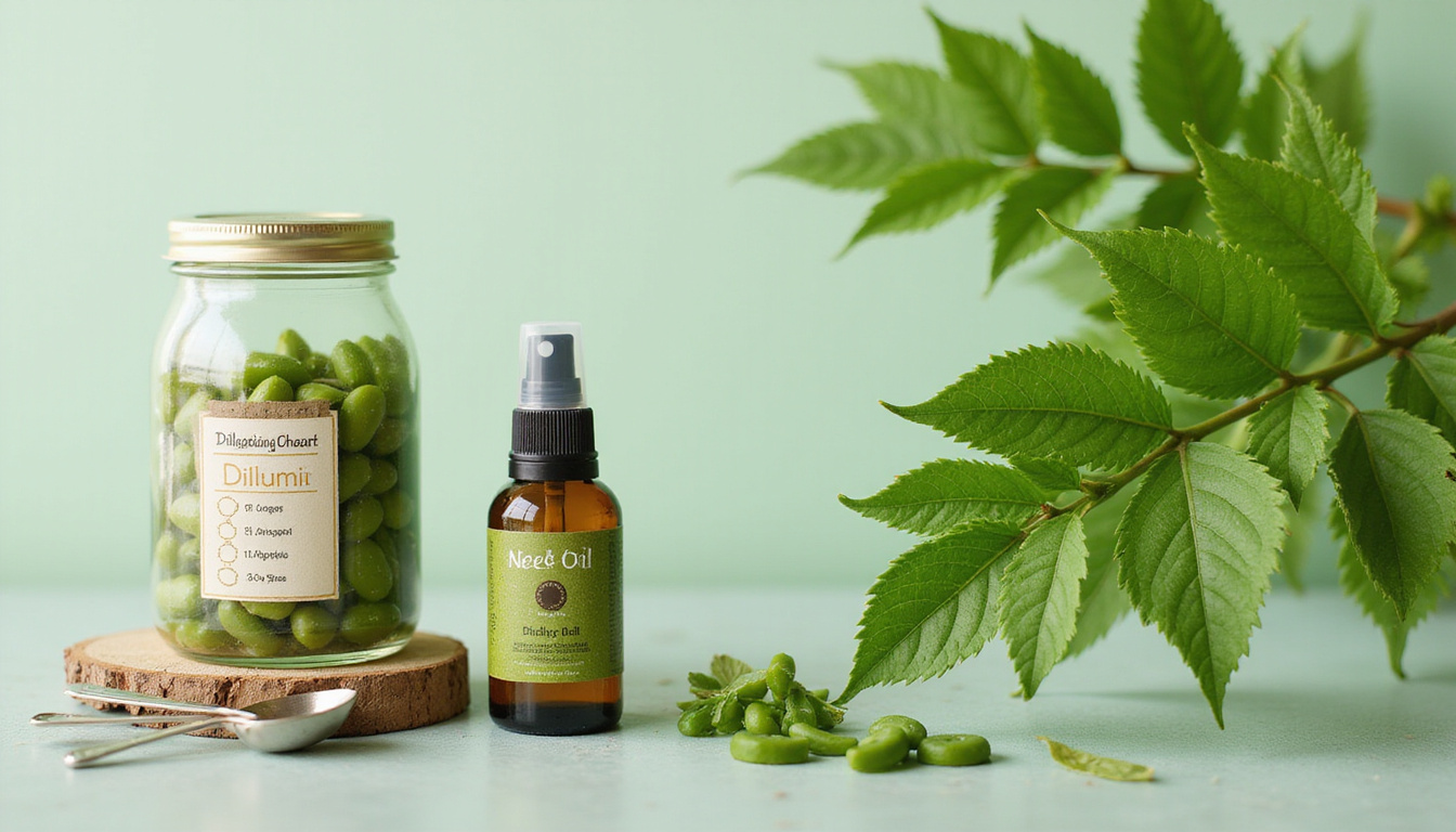 Rustic jar, measuring spoons, dilution chart, labeled neem oil bottle, close-up leaf with mist