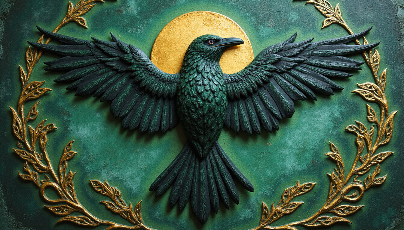 Raven totem in swirling green and gold, carved stone, lunar halo, whispering Celtic symbols