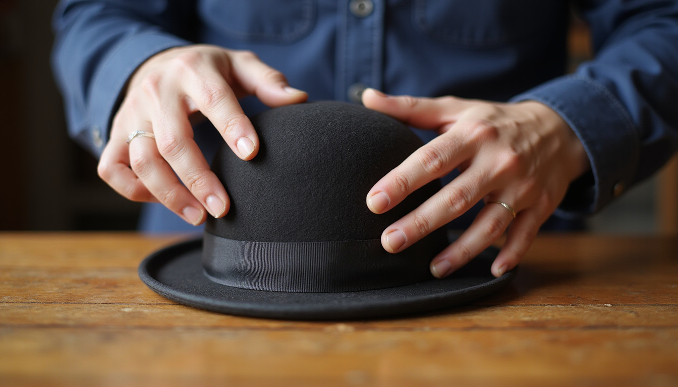 Elderly hands gently brushing suede kippah on table with care guide open beside