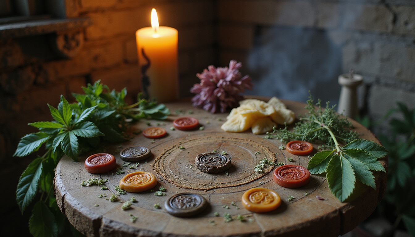  Ancient midwife ritual scene, herbs, wax seals, ancestral portraits, smoky candlelight, mysterious folkloric atmosphere