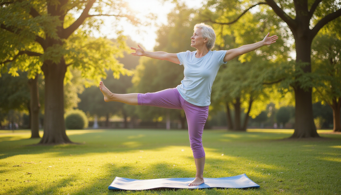 Elderly woman practicing single leg stance on foam pad in sunlit park, confidence radiating