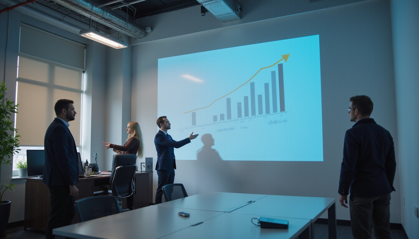  Cinematic office scene: team training on white glove pickup, upward retention graph projected
