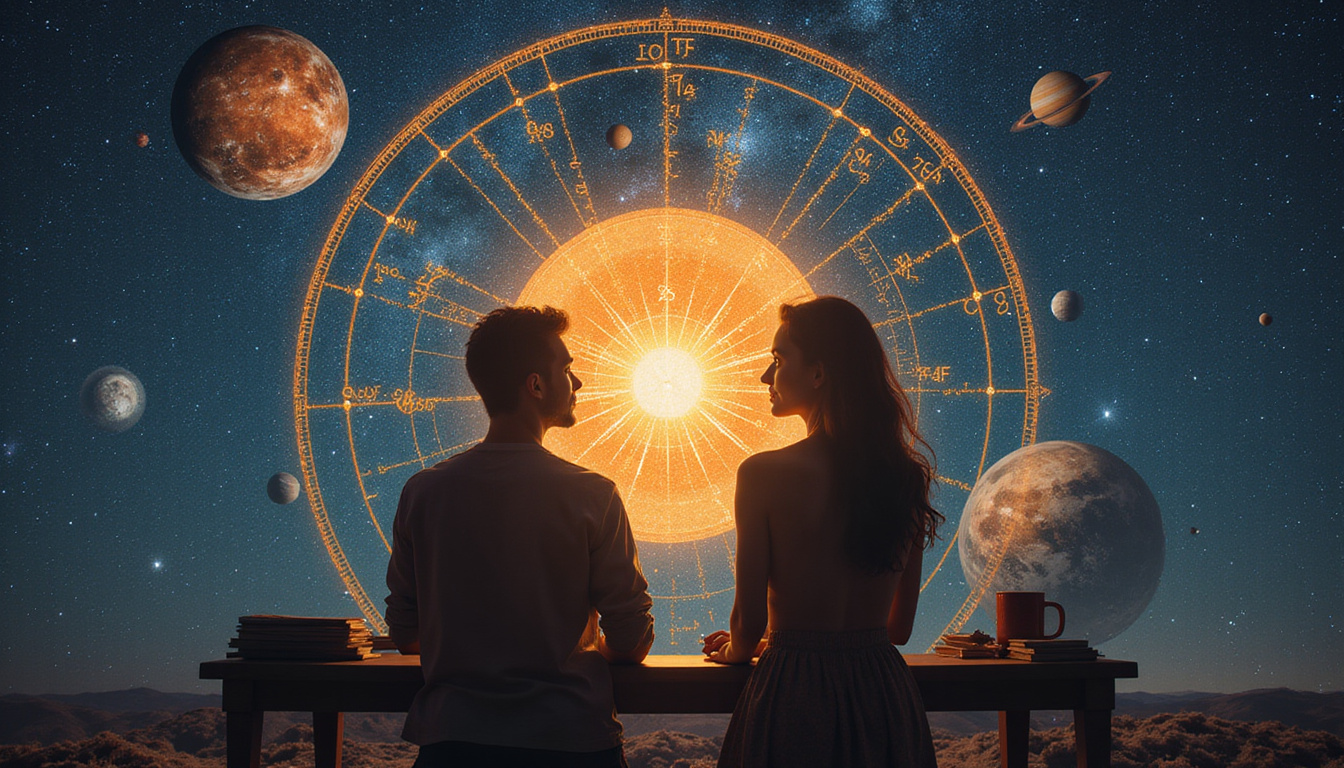  Intimate couple guided by luminous natal chart, planets orbiting heart and office desk