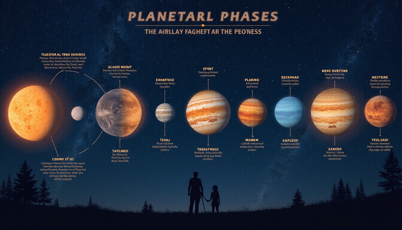Stylized poster showing planetary phases sequence, clear labels, telescope tips, warm night sky