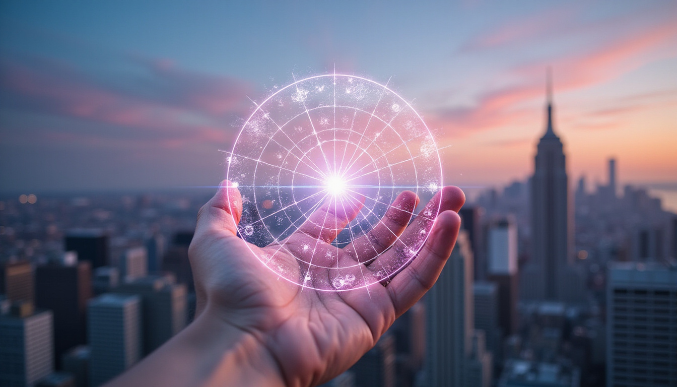  Elegant handheld celestial chart overlaying city skyline, radiant happiness nodes, pastel cosmic hues