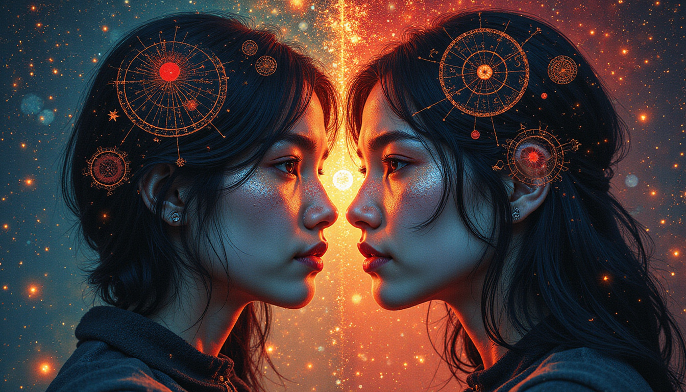  Mirror-faced lover split by shadow, tangled red thread, astrological charts glowing