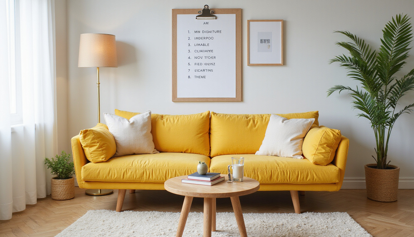  Minimalist living room with labeled furniture tags, pickup schedule clipboard, friendly courier knocking