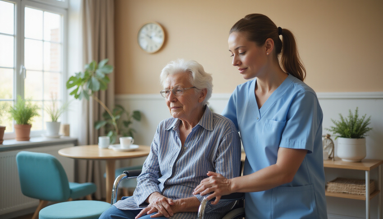 Elderly woman reclaiming mobility, strengthened leg muscles, supportive therapist, warm morning clinic