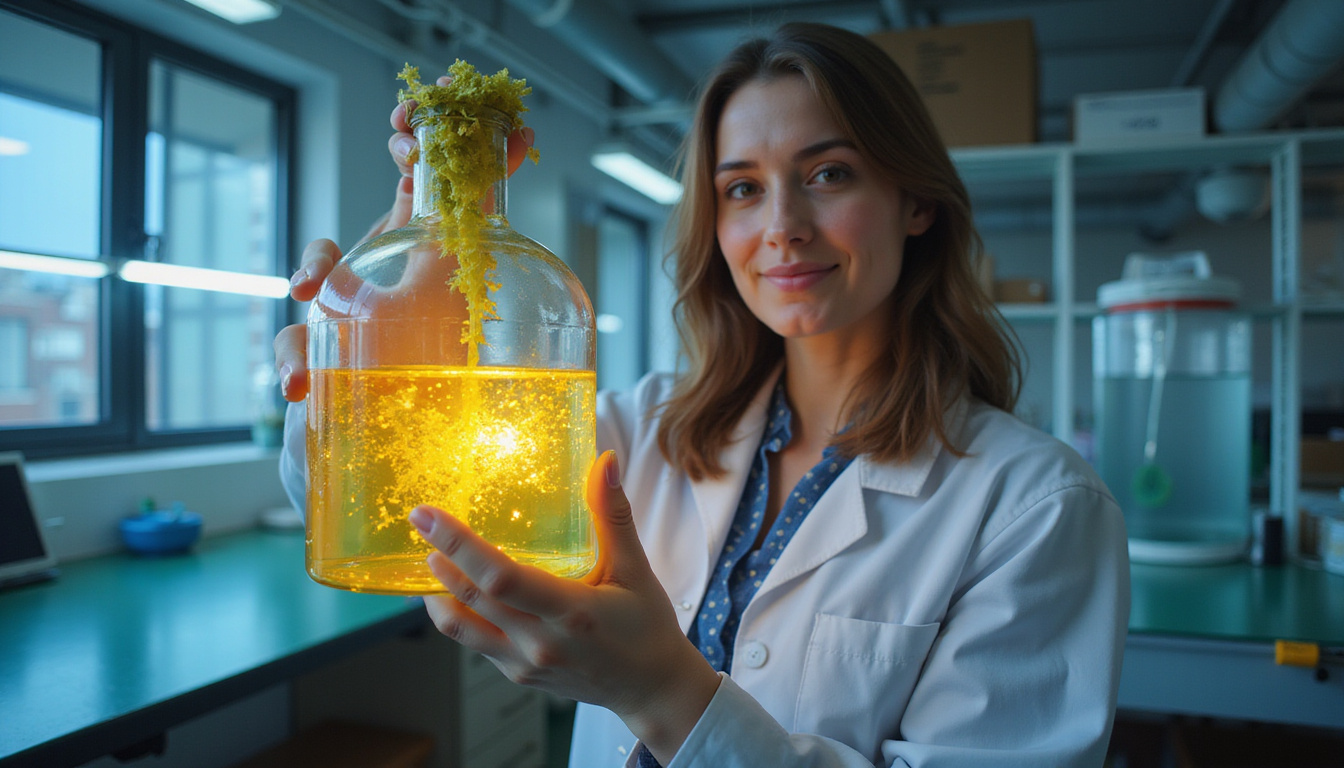  Laboratory bioreactor cultivating vegan collagen from algae, scientist holding glowing test tube