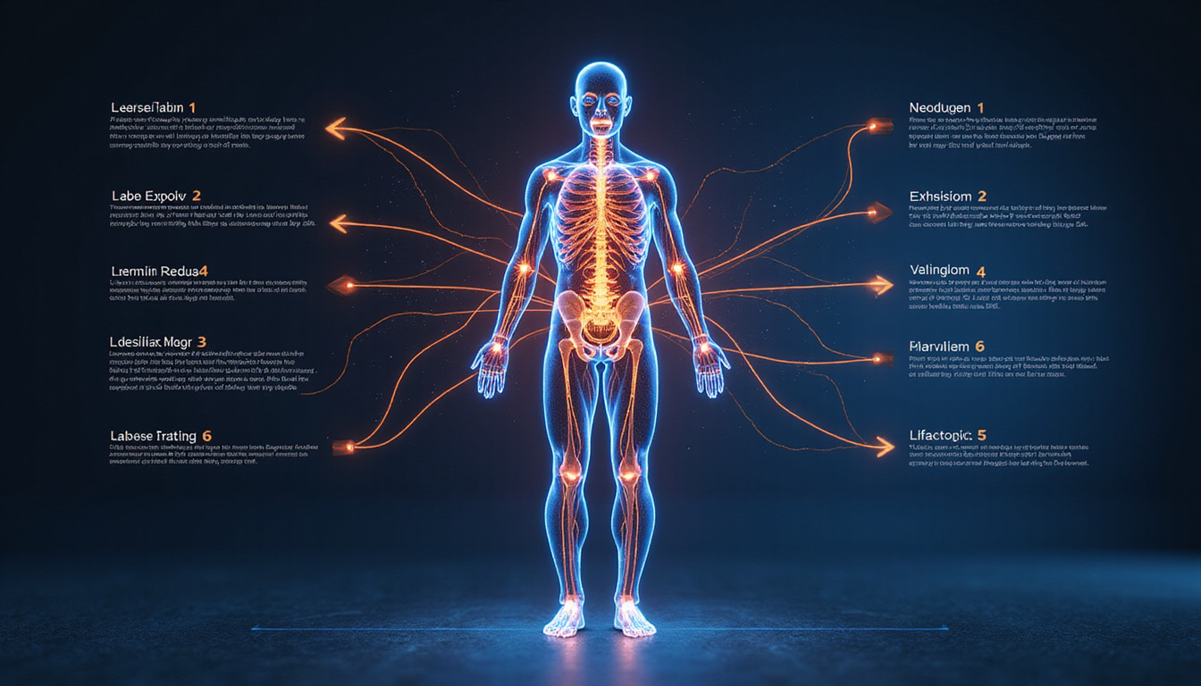 Futuristic infographic: transparent human body, glowing nerve pathways, arrows, Newtonian force lines illustrating mobility