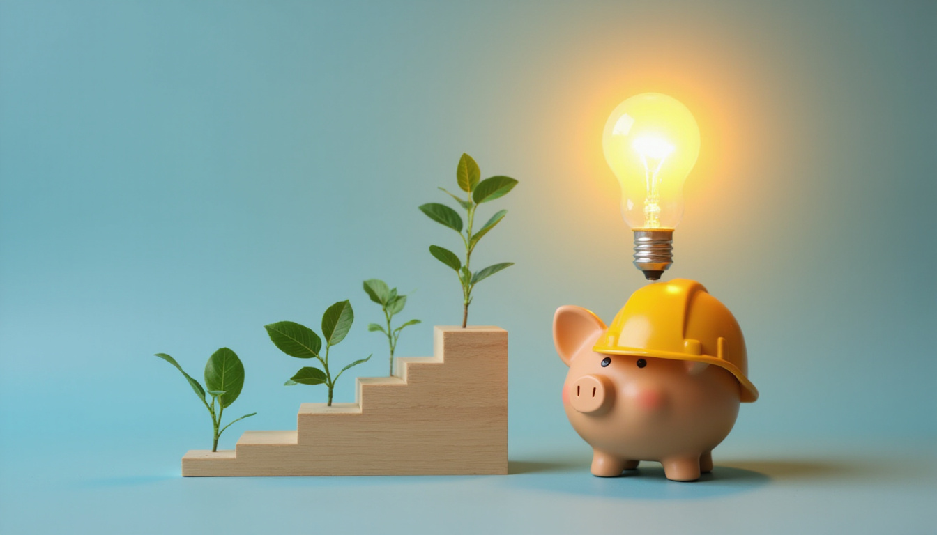  Piggy bank wearing construction helmet beside growing staircase of currency, bright lightbulb idea flair