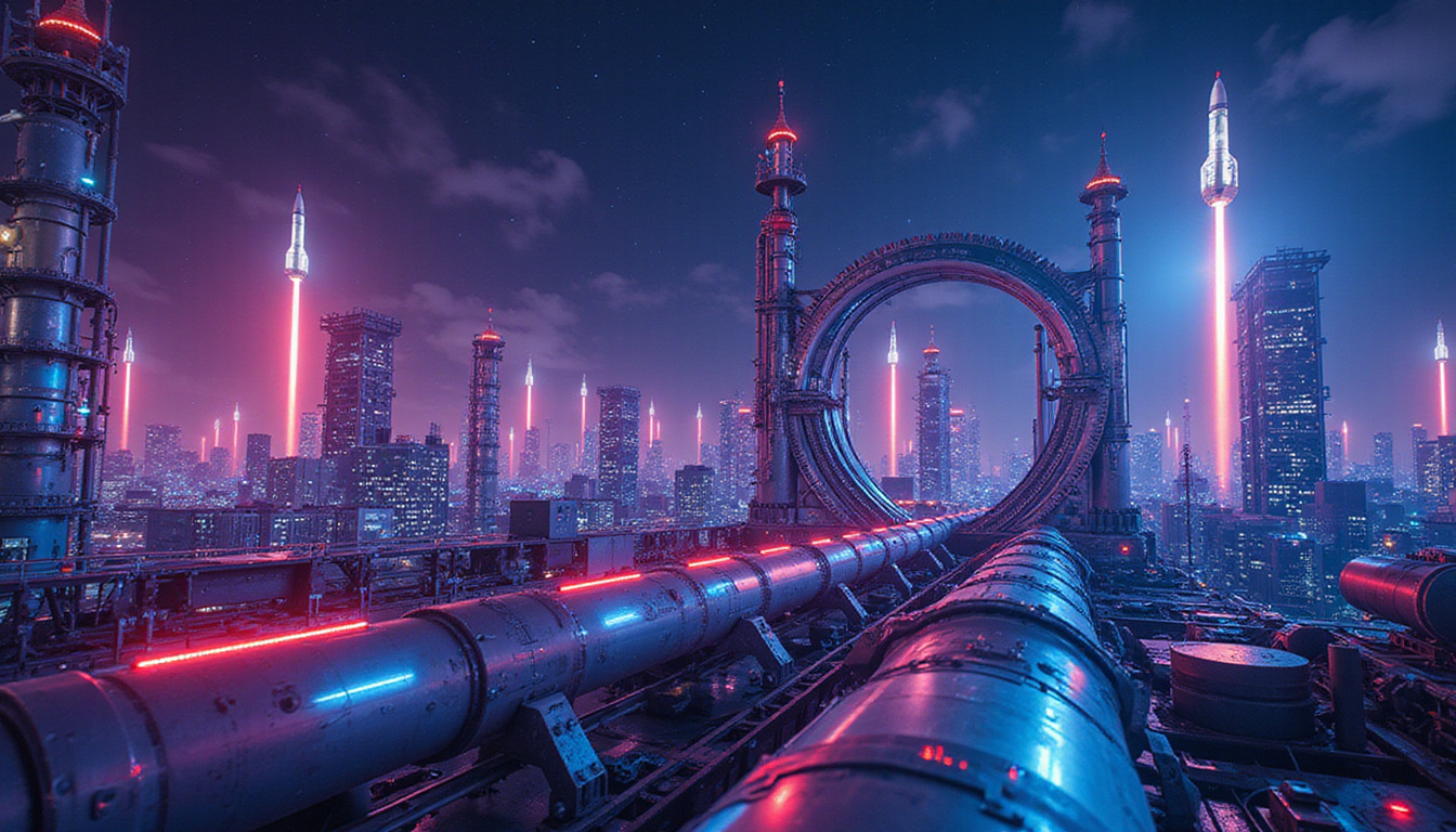 Mechanical city of pipelines and gears, rockets launching from data centers, neon dynamic motion
