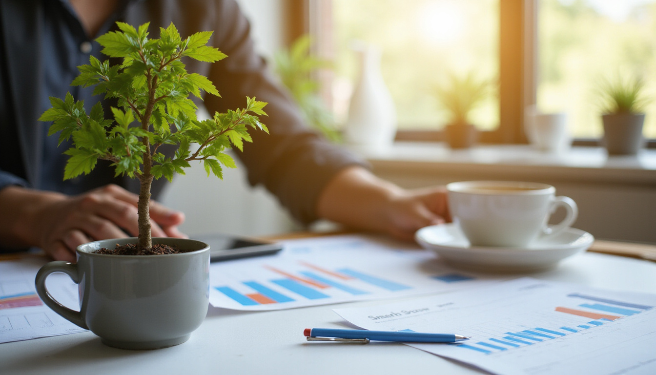  modern entrepreneur watering miniature money tree on desk, charts and coffee, warm light