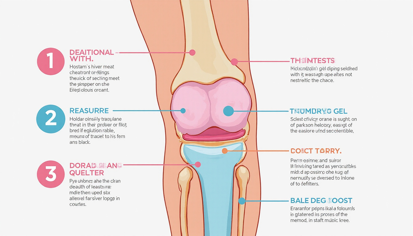  Medical infographic style knee cross-section showing hyaluronic gel safety, labels, reassuring pastel colors