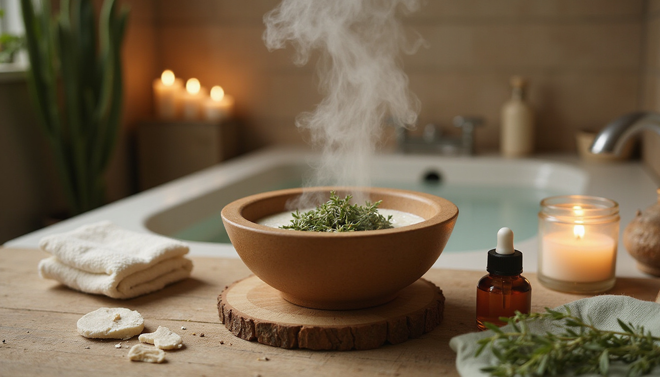 Calming bathroom: thyme steam inhalation bowl, essential oil dropper, herbal bath, cozy candles