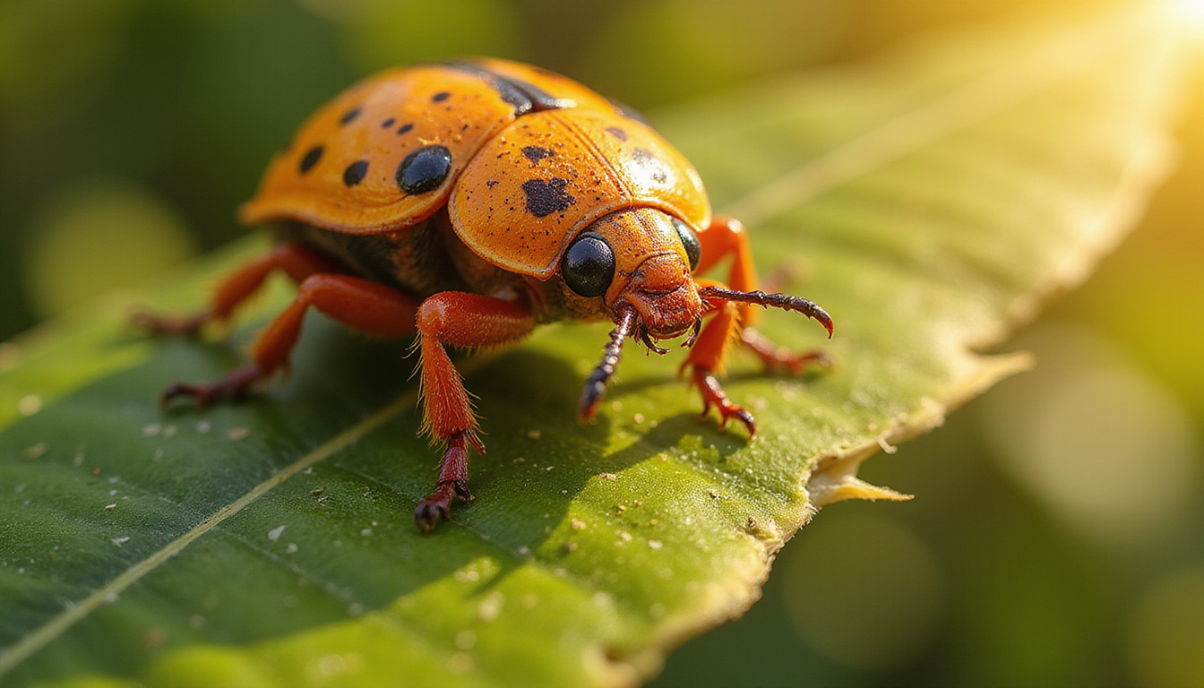  Close-up beetle on palm, intricate mandala reflection in shell, morning sunlight, hidden messages