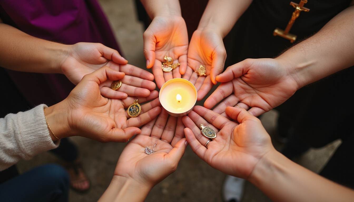 Hands of diverse faithful blessing sacramentals, candle, medal, crucifix, gentle luminous revelation