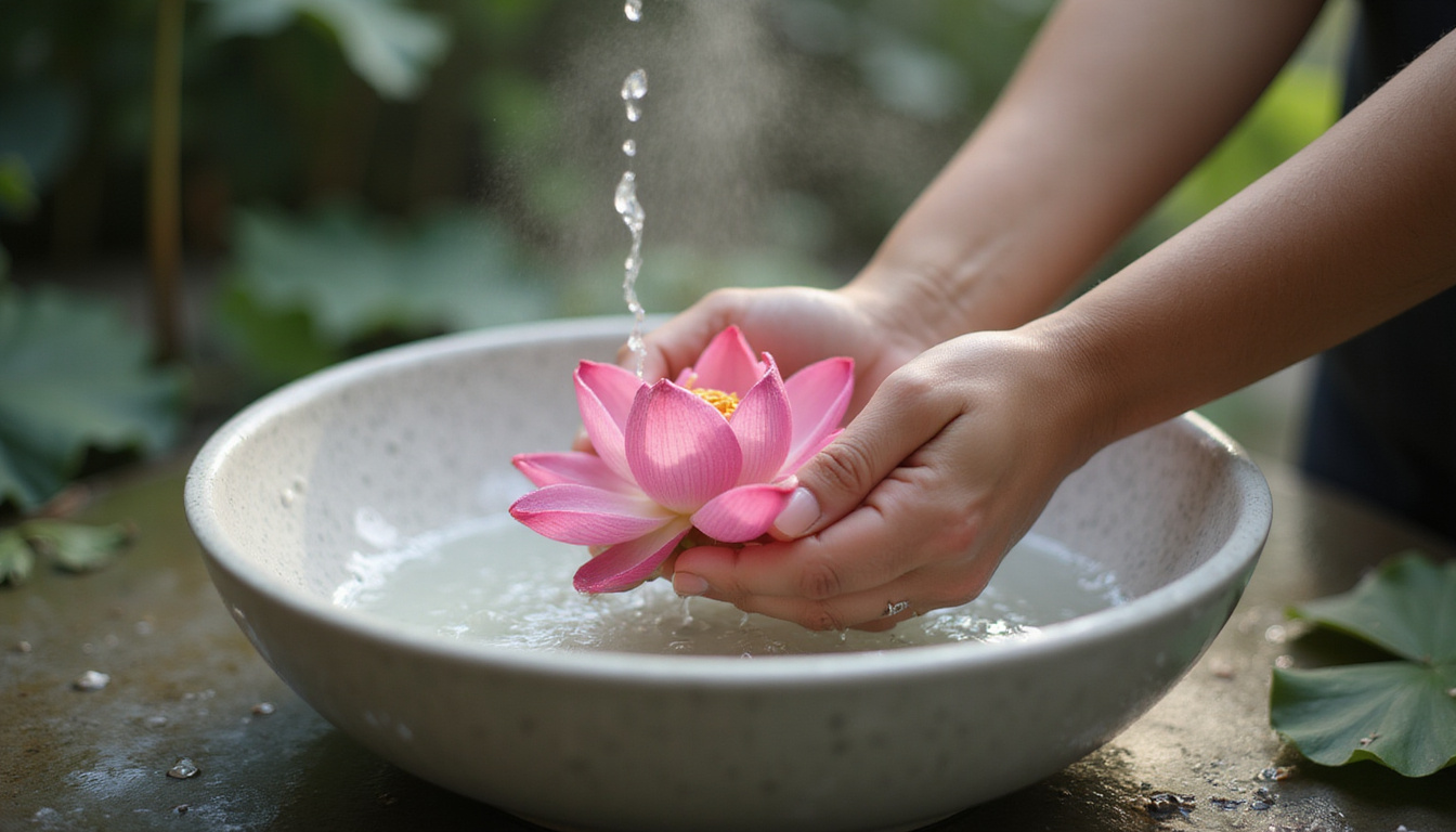 Person performing mindful morning wash at porcelain basin, lotus petals, calm expression, warm steam