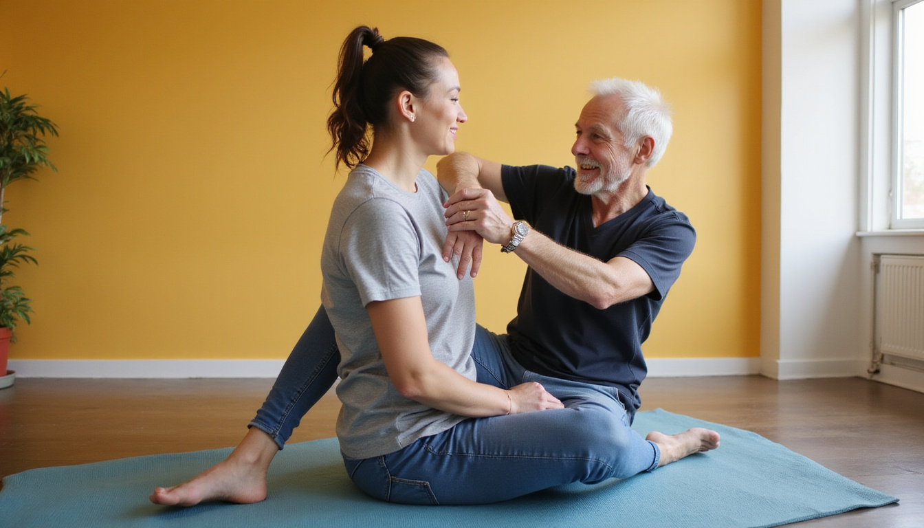  Therapist guiding cat-cow stretch, elderly man smiling, improved mobility, warm studio atmosphere