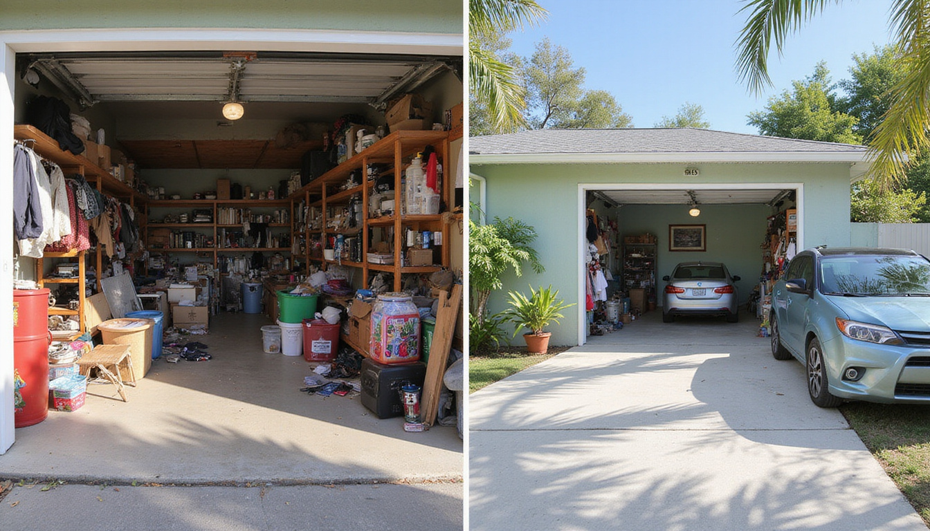 Split-screen before-and-after garage: chaotic clutter vs sparkling organized space, affordable decluttering, palm trees
