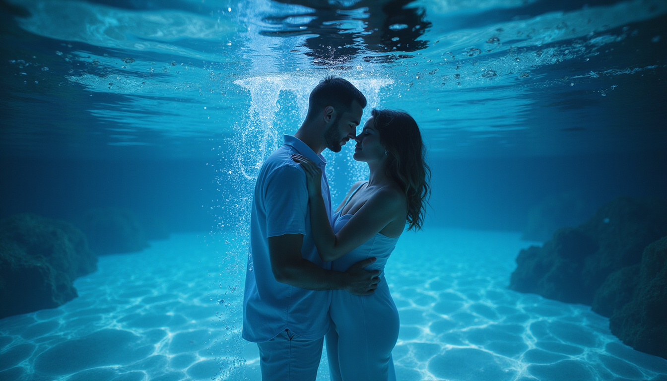  Couple submerged in translucent ocean of emotions, bioluminescent currents transforming their silhouettes into light