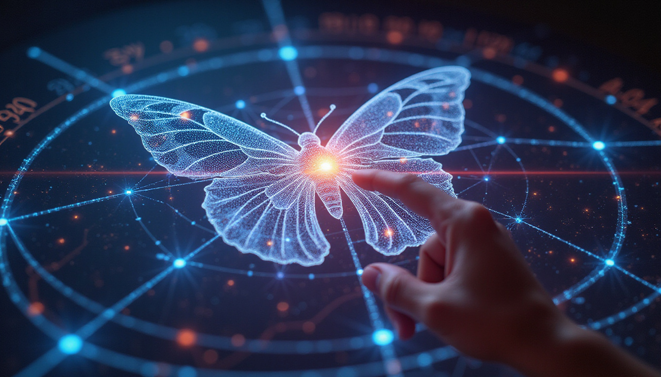  Futuristic analyst examining Gartley, Bat, Butterfly patterns with luminous ratio lines and holographic signals