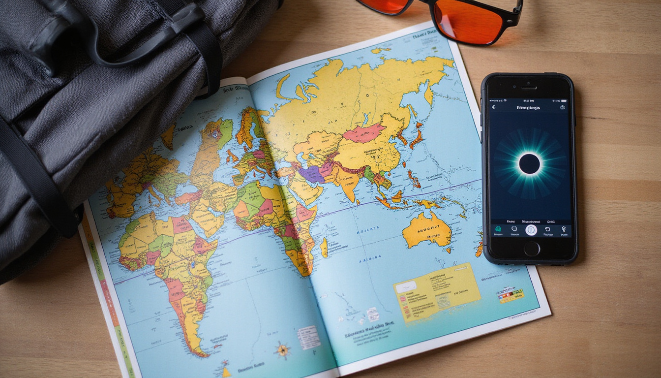 Guidebook scene: map, binoculars, safety goggles, packed emergency kit, smartphone showing eclipse path