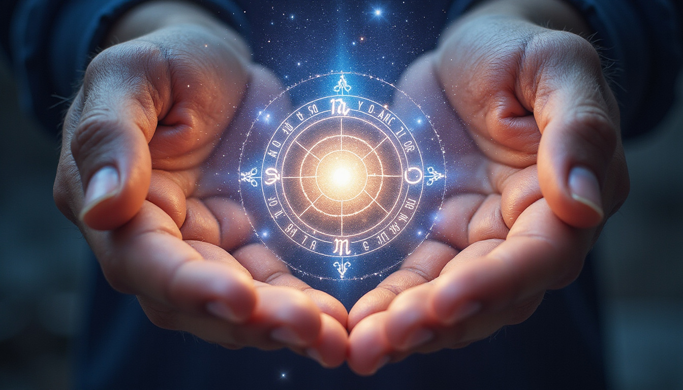 Ancient hands revealing stellium secret above zodiac wheel, luminous glyphs, transformative light