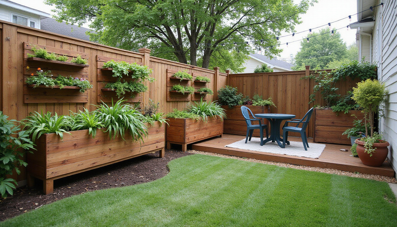 Compact backyard makeover: vertical planters, reclaimed storage, string lights, manicured lawn, boosted curb appeal