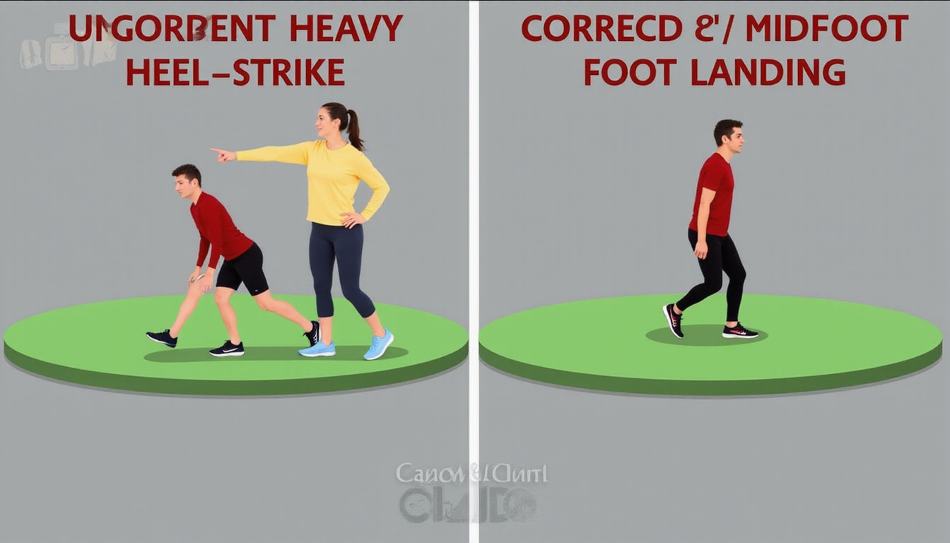  Split-screen comparison: incorrect heavy heel strike versus corrected midfoot landing, coach pointing, stopwatch, bright clinic