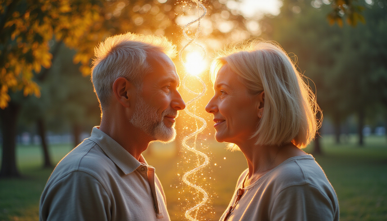  Eternal clock intertwined with DNA, healthy elderly couple, luminous longevity tree, soft golden light