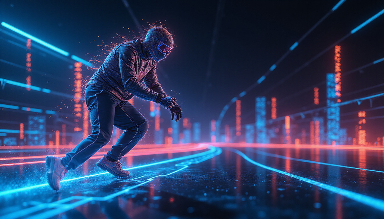  Athlete training motion-capture suit, glowing feedback lines, stopwatch, progress graph, dynamic futuristic illustration