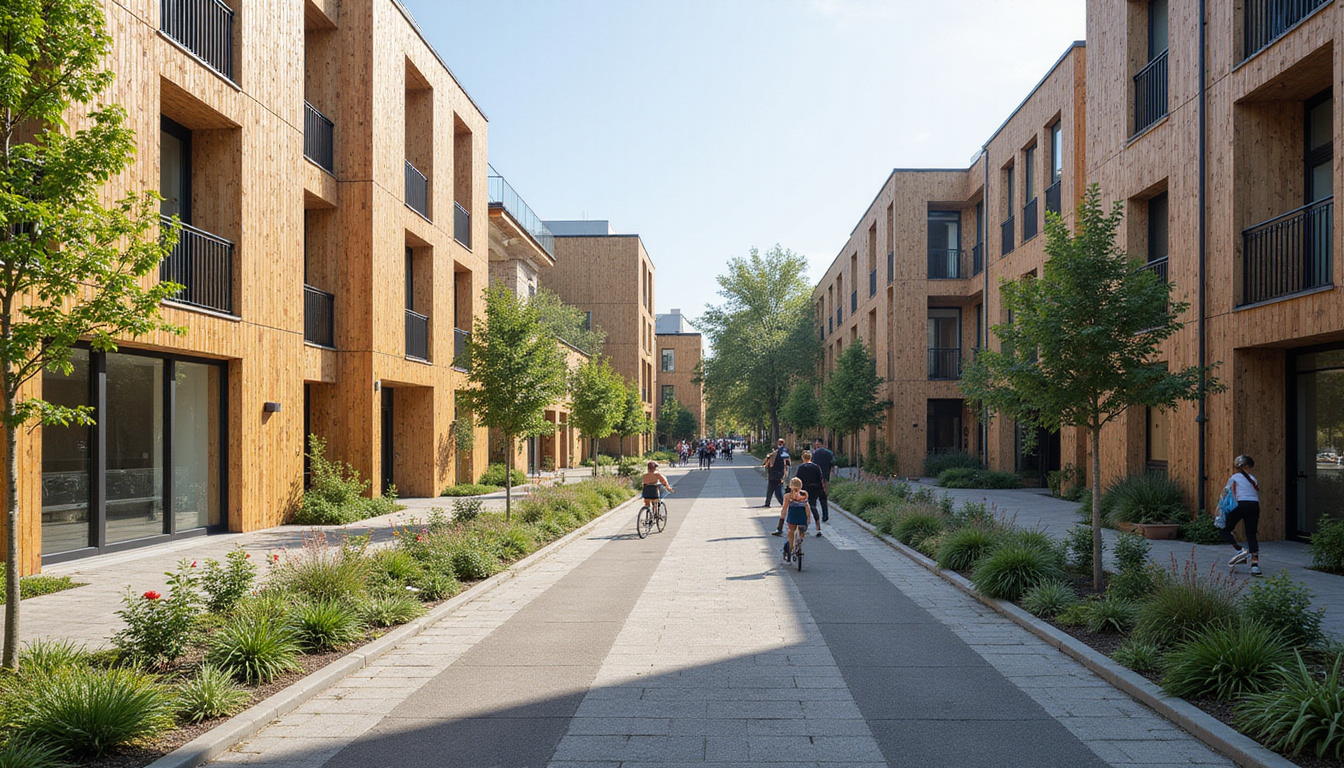  Affordable mixed-use courtyard blocks, reclaimed timber facades, bike lanes, children playing, trams, lush urban greenery