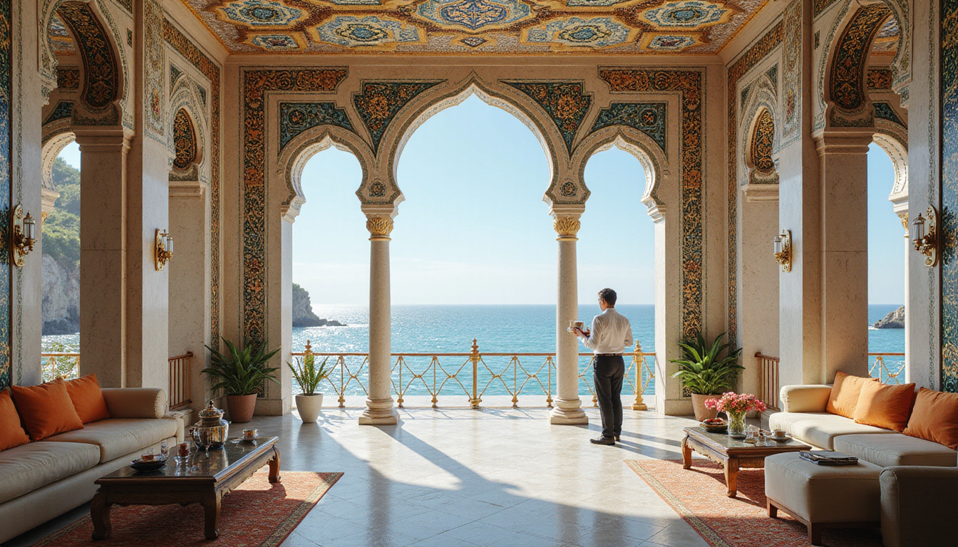  Luxurious interior with Arabic mosaics, marble columns, attentive staff serving tea, panoramic sea views