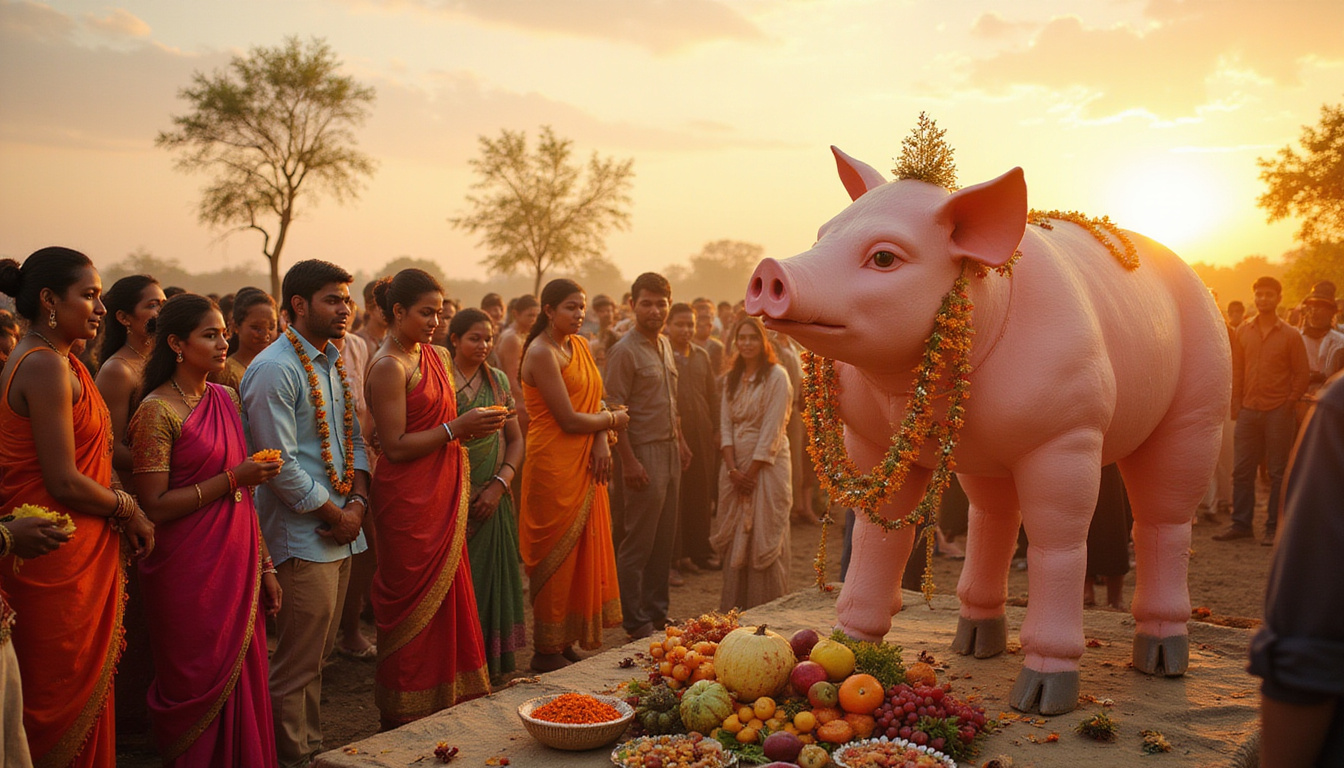  Diverse people in traditional dress offering fruits and flowers to a pig effigy at sunrise