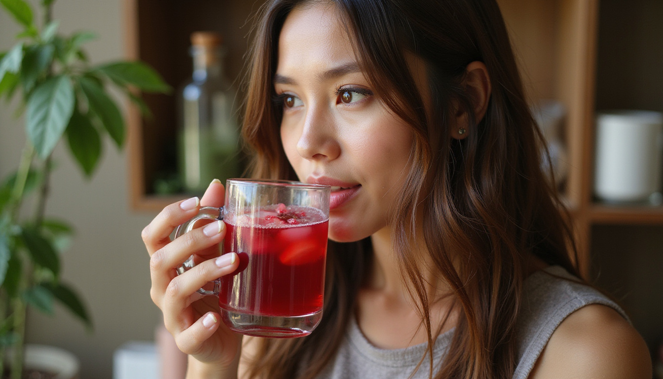  Woman with long glossy hair sipping hibiscus infusion, natural radiance, botanical apothecary background