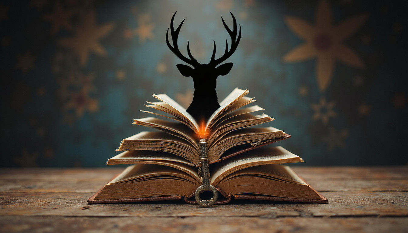  Ancient oak table, stag silhouette emerging from stacked novels, secret key glowing among pages