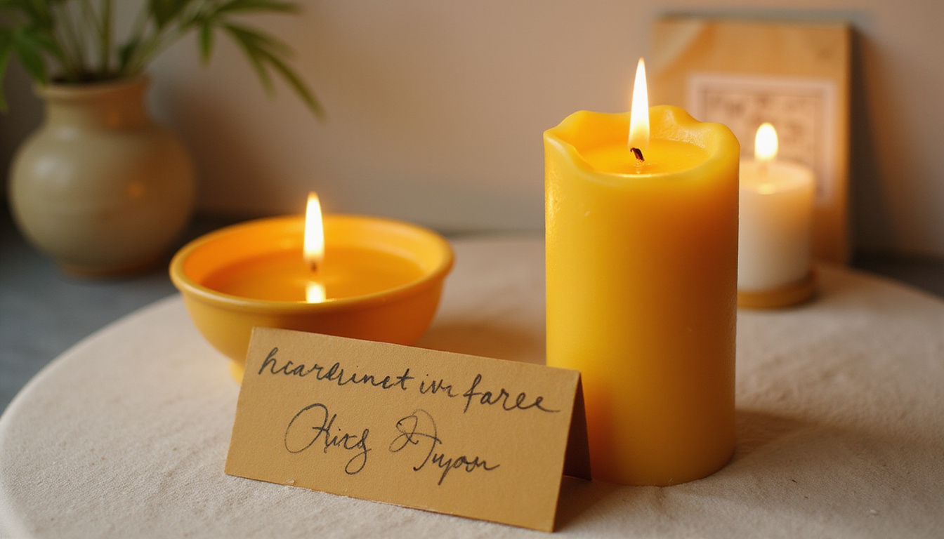  Single tall beeswax candle, handwritten intention card, holy water bowl, golden light, peaceful altar