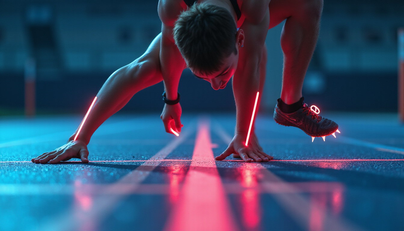  Sprinter in neon spikes touching same chalk mark, reverent pre-race routine, surreal slow-motion focus