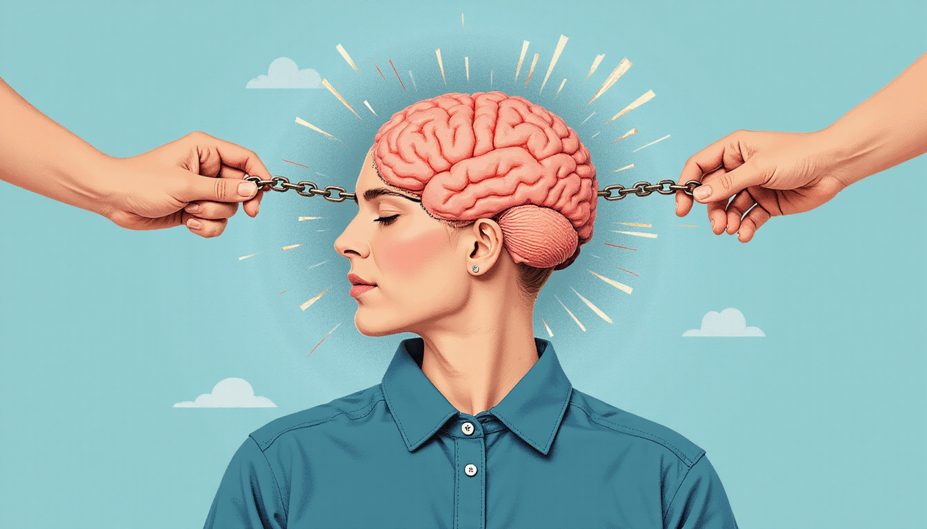 Calming therapeutic portrait: hands breaking chains of pain, gentle brain illustration, pastel palette