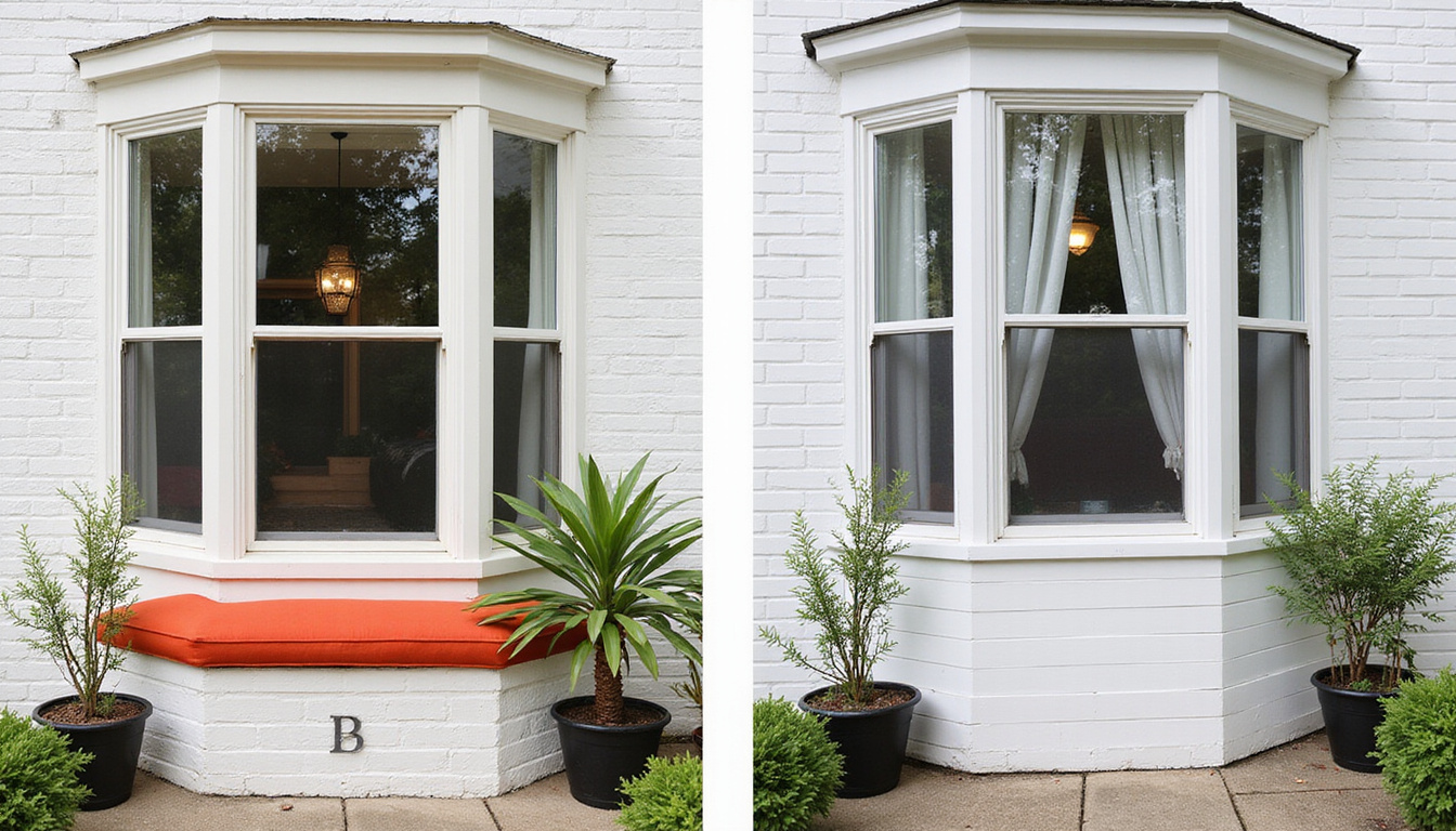 After transformation: open bay converted to cozy window seat, potted plants, refreshed curb appeal