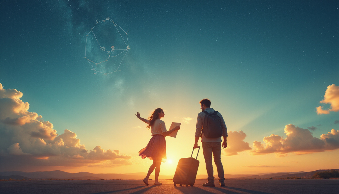  Traveler with suitcase and map under constellation of Mercury, couples reconciling, gentle golden light
