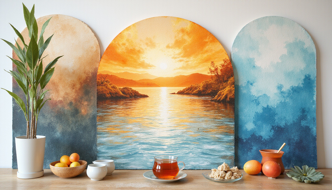  Watercolor elemental collage of earth, water, fire, air around serene home altar with tea