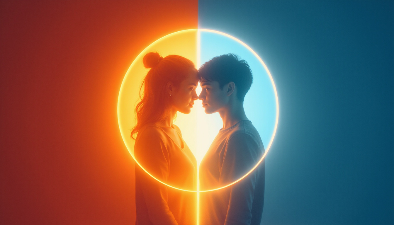  Circular boundary of light around couple, warm-cool contrast, symbols of consent and balanced polarity
