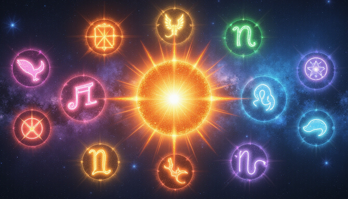  Modern horoscope collage showing zodiac signs matching energy styles with radiant color-coded auras