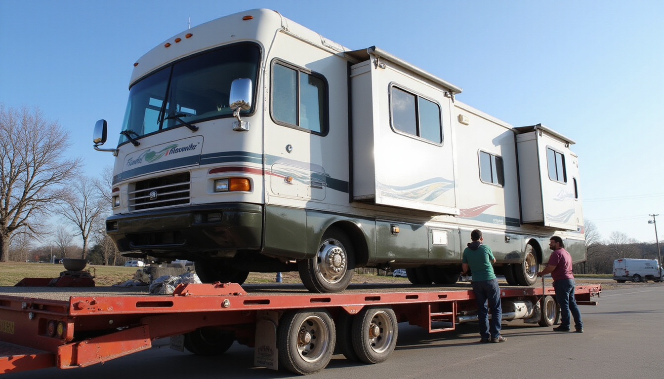  Team securing large RV onto flatbed, safety gear, detailed close-up, instructional style